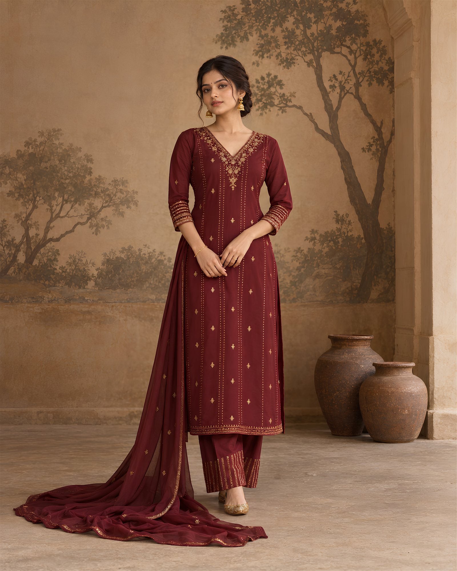 Model wearing a maroon embroidered kurti set with dupatta from kamal For Her